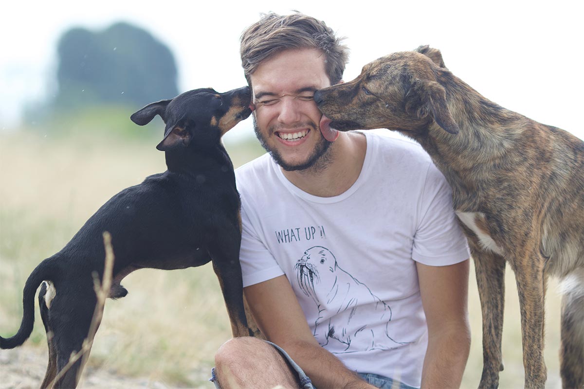 Rafael_uber_uns Zwergpinscher und Windhund mit einem Mann